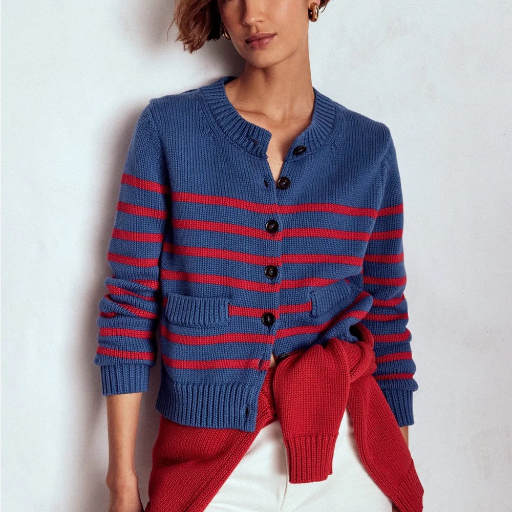 Boden Lucy Chunky Cotton Cardigan New without tags  Blue and Red Stripes